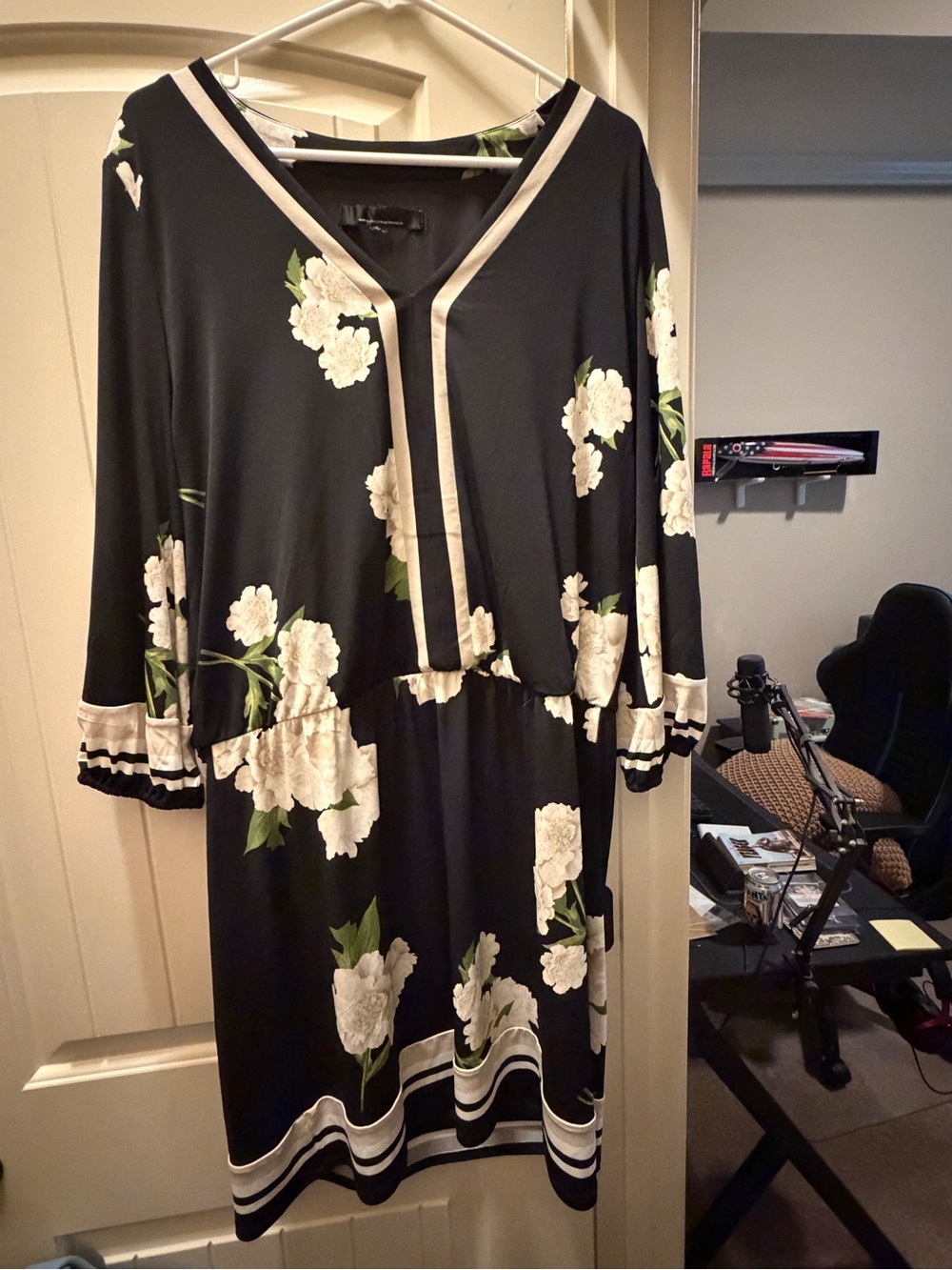 White House Black Market Black Floral Long Sleeve V-Neck Dress with White Trim
